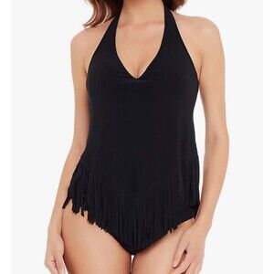 NWT MagicSuit By Miraclesuit Size 8 Fringe Tankini Top Halter Black Swim Boho